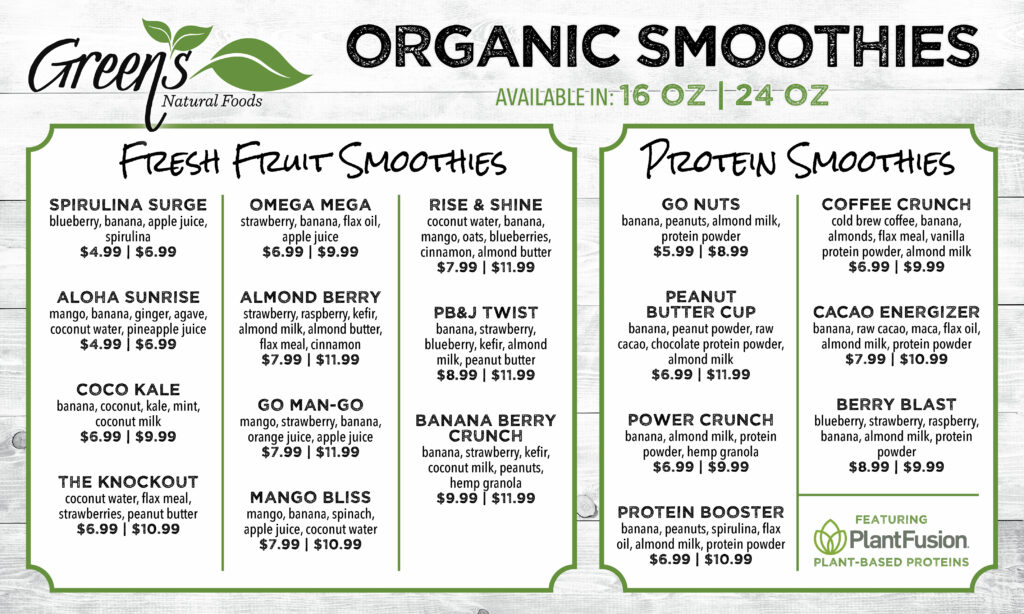 Green's Smoothie Menu 2023